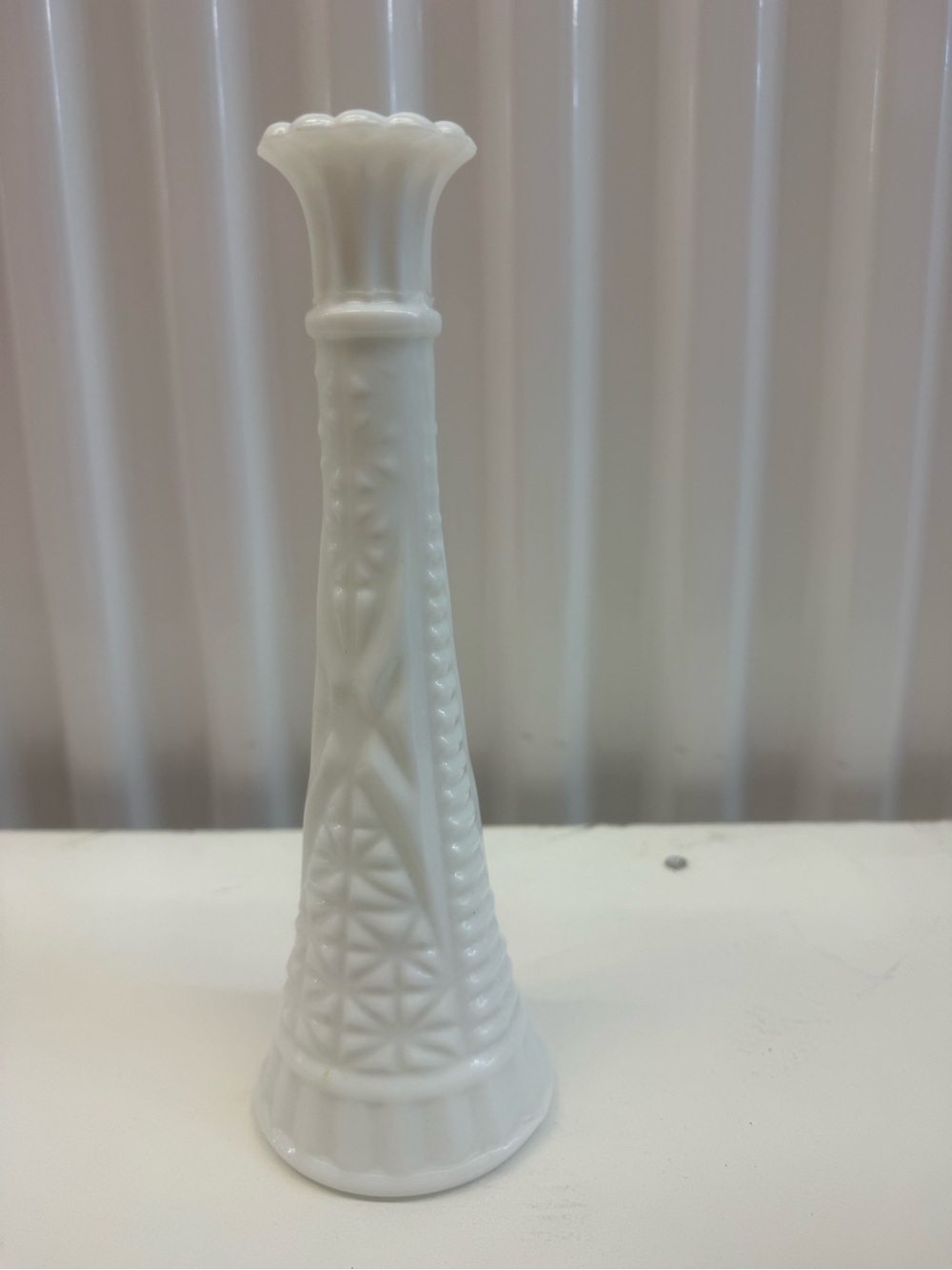 White Milk Glass Bud Vase - Elegant Floral Pattern